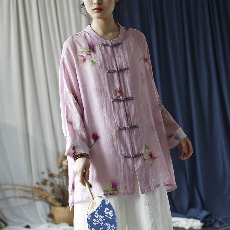 Pink Flower Print Frog-button Design Batwing Long Sleeve Ramie Linen Jacket Shirt