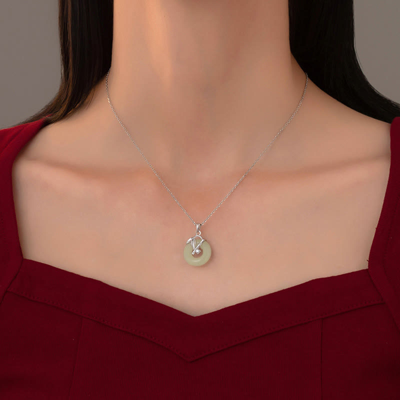 925 Sterling Silver Hetian Jade Bamboo Leaf Peace Buckle Prosperity Necklace Pendant