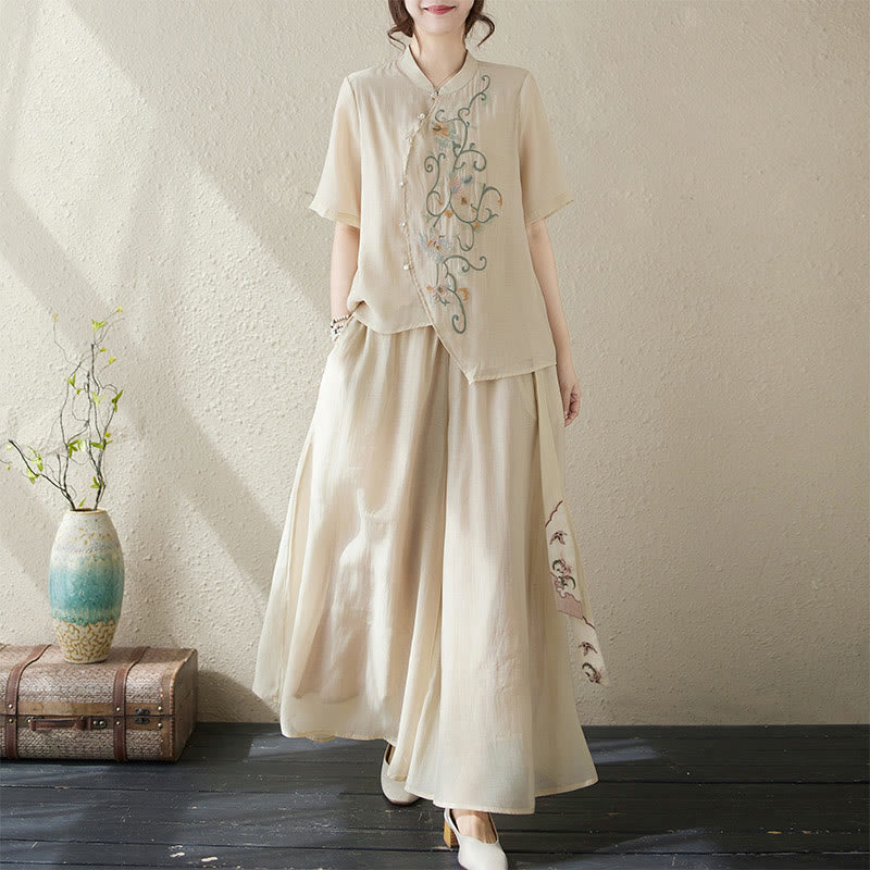 2Pcs Flower Embroidery Short Sleeve Tee T-shirt Wide Leg Pants Set