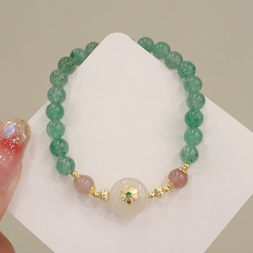 Natural Green Strawberry Quartz and Chalcedony Flower Beaded Bracelet