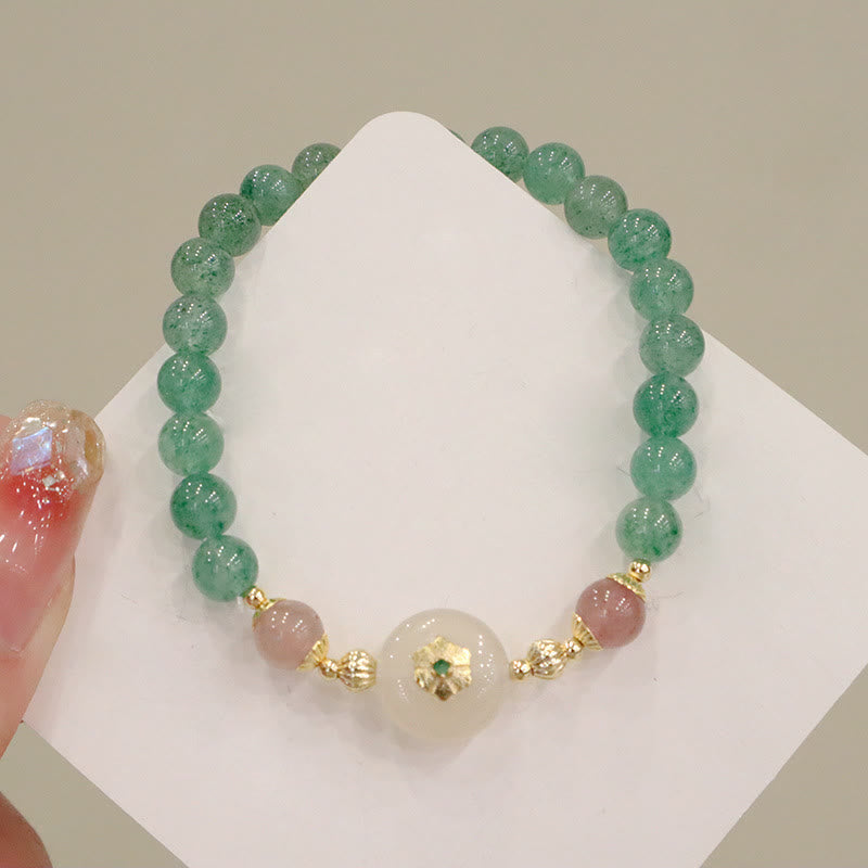 Natural Green Strawberry Quartz and Chalcedony Flower Beaded Bracelet
