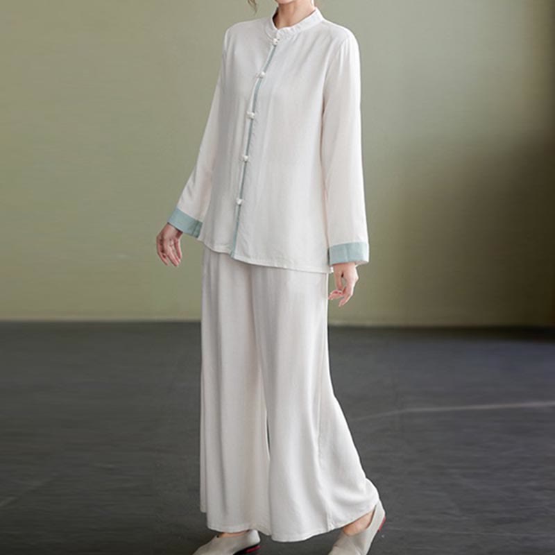 2Pcs Tang Suit Long Sleeve Shirt Top Pants Meditation Zen Tai Chi Cotton Linen Clothing Women's Set