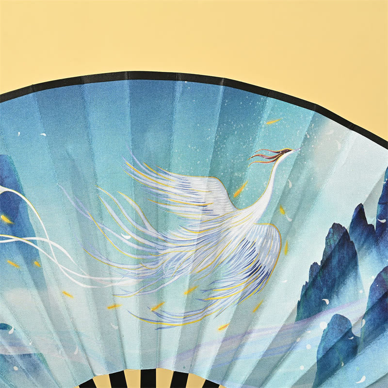 Vintage Phoenix Nine Tailed Fox Flower Bamboo Tiger Handheld Folding Fan Lotus Tassel Fan