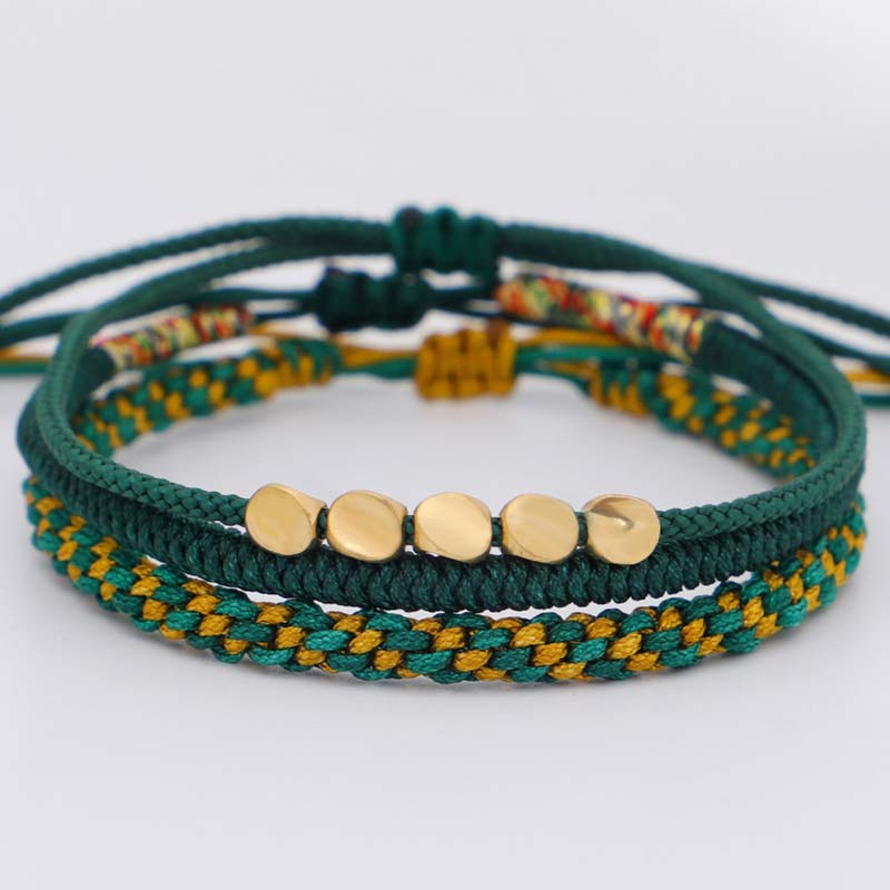 Handmade Tibetan Copper Beads & Endless Knot Woven Bracelet Set - 3 Pieces