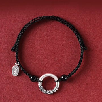 925 Sterling Silver Black Onyx Peace Buckle Fu Character Charm Bracelet