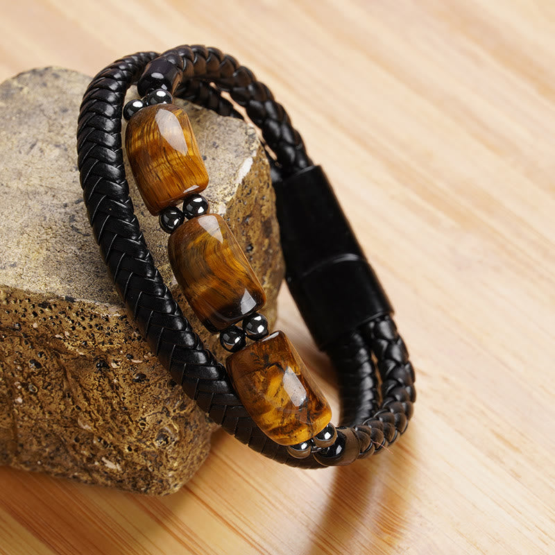 Natural Tiger Eye and Hematite Leather Bracelet with Magnetic Buckle