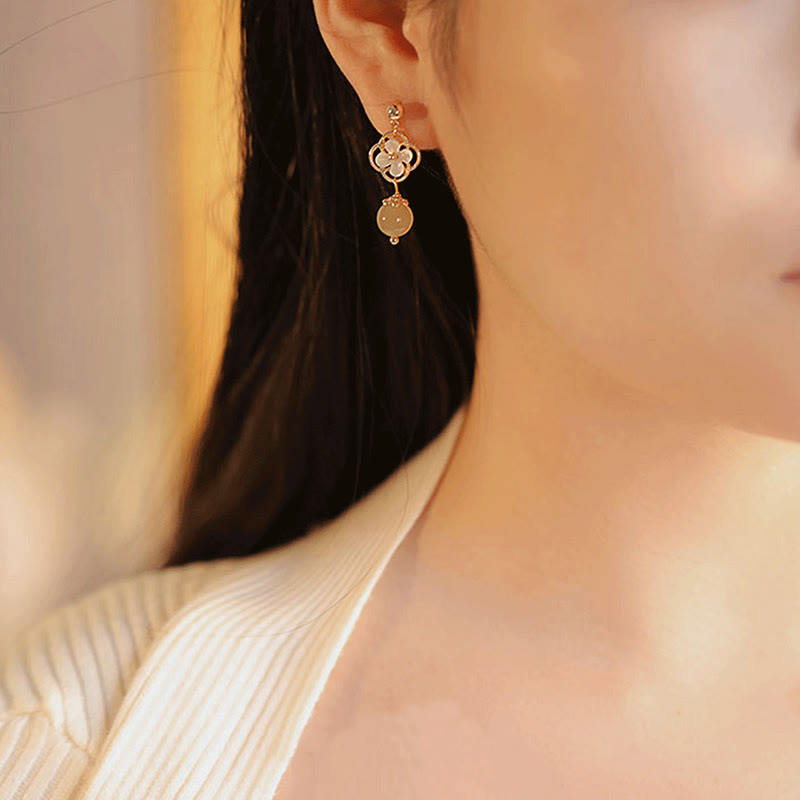 Tridacna Stone Flower Jade Bead Blessing Drop Earrings