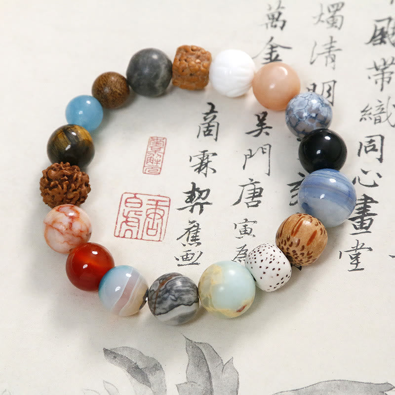 Handmade 18-Bead Bodhi Seed Bracelet with Natural Agate and Clear Quartz
