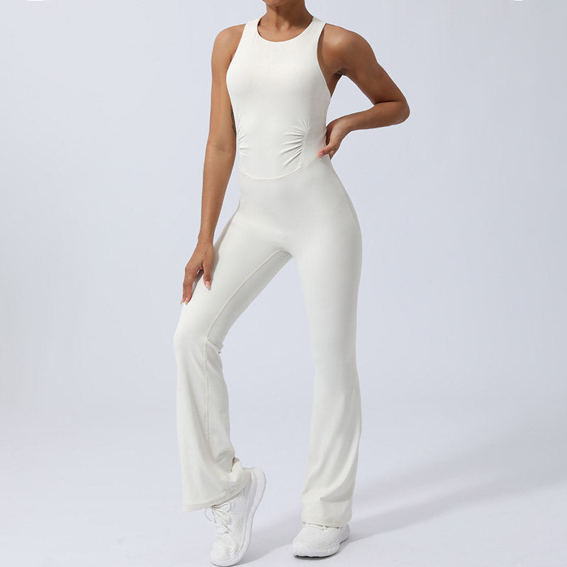 Women Workout Crisscross Sleeveless Flare Jumpsuit Sports Fitness Yoga Bodysuit