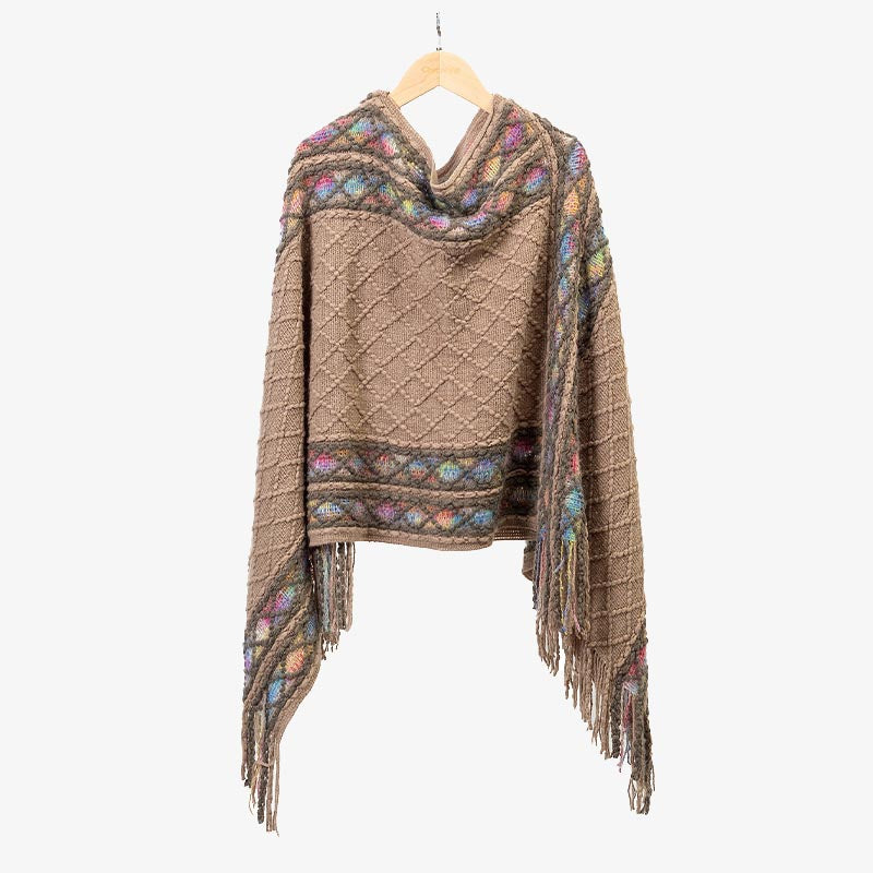 Tactile Knit Geometric Tassel Meditation Shawl Pullover