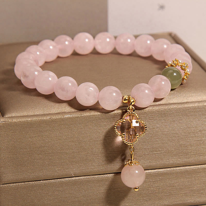 Natural Pink Crystal Four Leaf Clover Soothing Bracelet