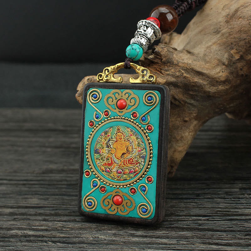 Tibet God Of Wealth Money Tree Golden Phoenix Thangka Ebony Peace Necklace Pendant