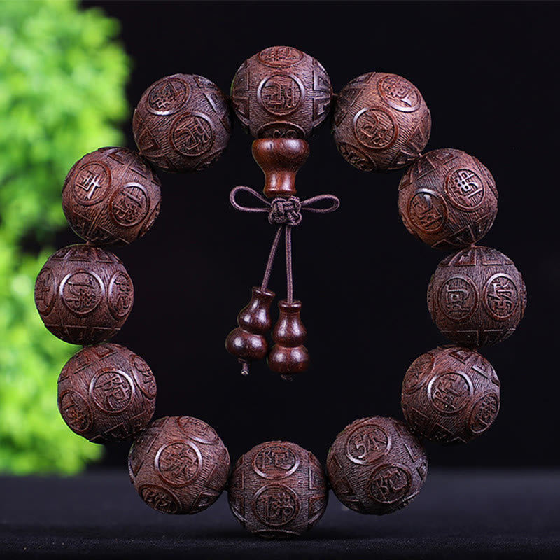 Chinese Zodiac Rosewood Ebony Copper Coin PiXiu Carved Warmth Bracelet