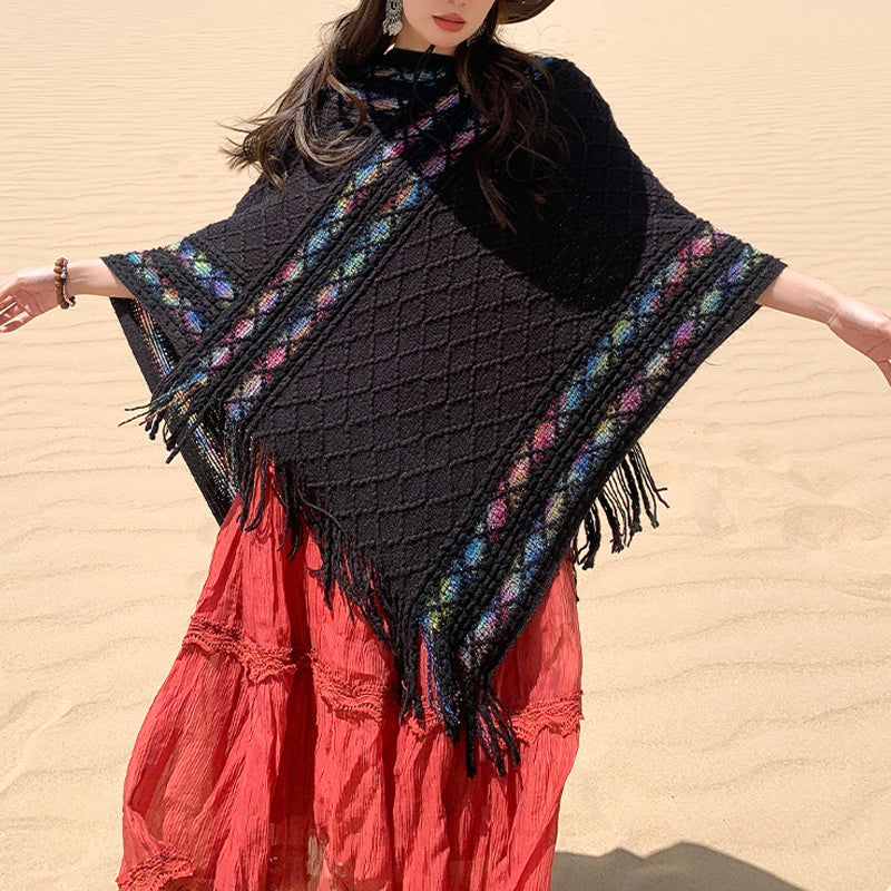 Tactile Knit Geometric Tassel Meditation Shawl Pullover