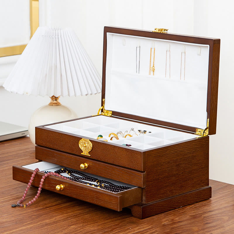 Retro Three-Layer Wooden Jewelry Storage Box & Organizer