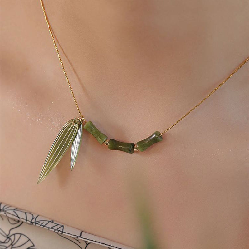Bamboo Leaf Jade Design Wealth Necklace Pendant