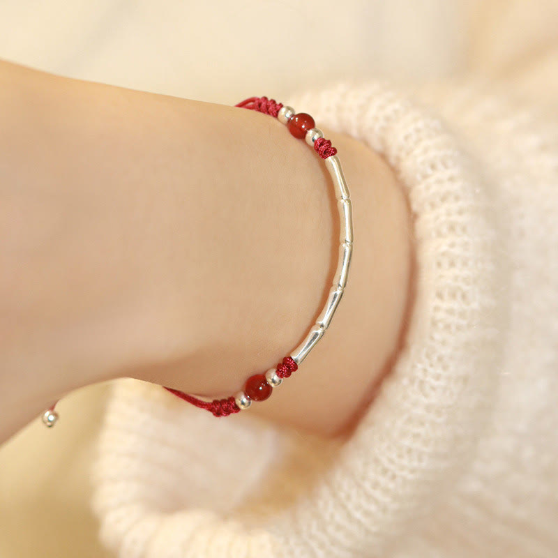 Sterling Silver Bamboo & Agate Bead Braided Red String Bracelet