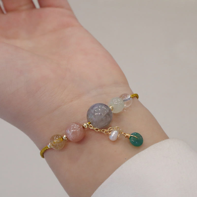 Multi-Gemstone Rope Bracelet with Moonstone, Sunstone, Hetian Jade & Ping An Kou Charm
