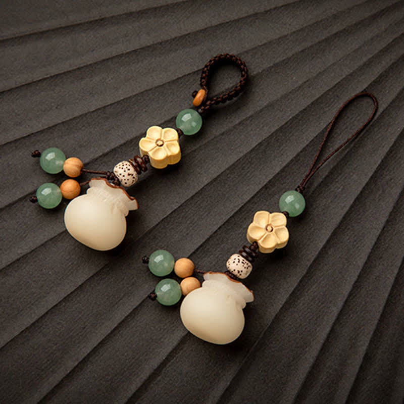 Handmade Bodhi Seed, Aventurine & Boxwood Money Bag Botanical Keychain