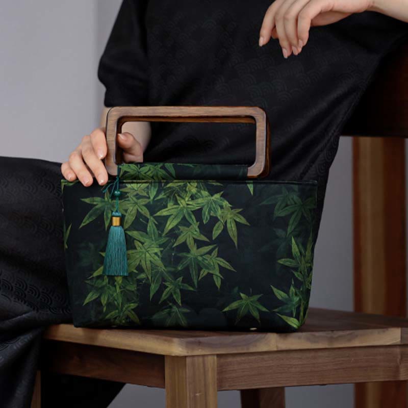 Vintage Brown Flowers Green Bamboo Leaves Wood Handles Zipper Handbag