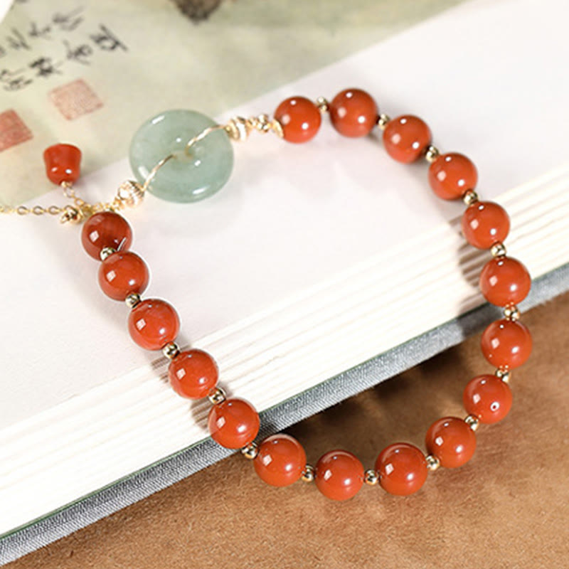 14k Gold Filled Jade & Red Agate Ping An Kou Wu Lou Chinese Coin Charm Bracelet