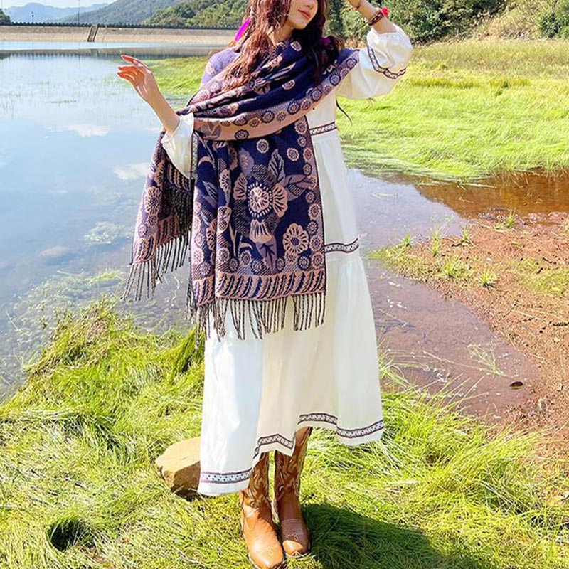 Tibetan Flower Floral Leaves Pattern Design Shawl Cozy Travel Scarf Wrap