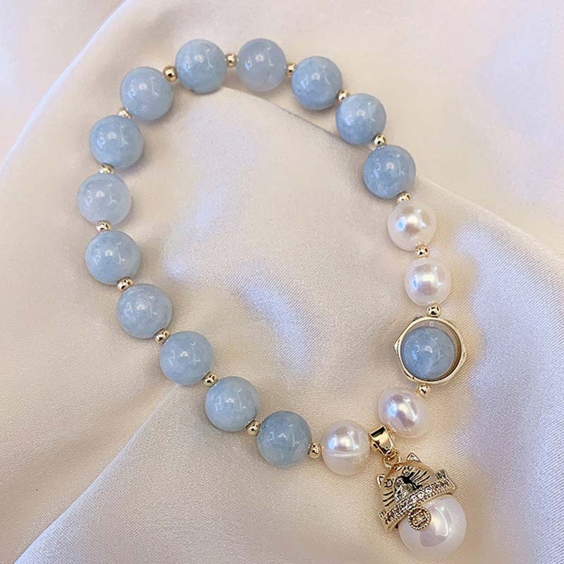 Aquamarine and Pearl Lucky Cat Charm 8mm Beaded Elastic Bracelet