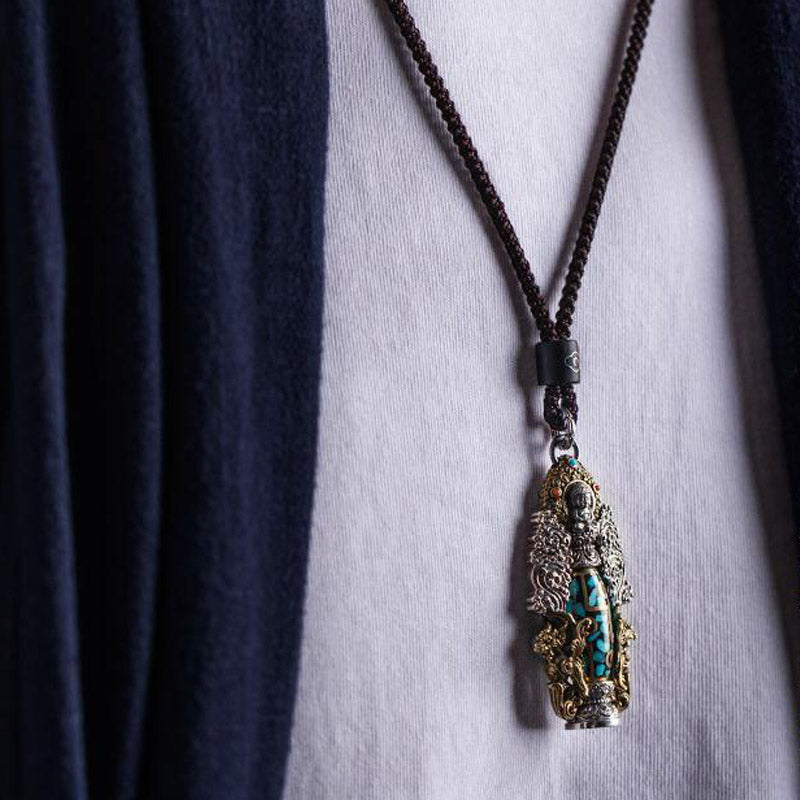 Tibetan Nine-Eye Dzi Bead Turquoise Buddha Wealth Rotation Necklace (Extra 30% Off | USE CODE: FS30)