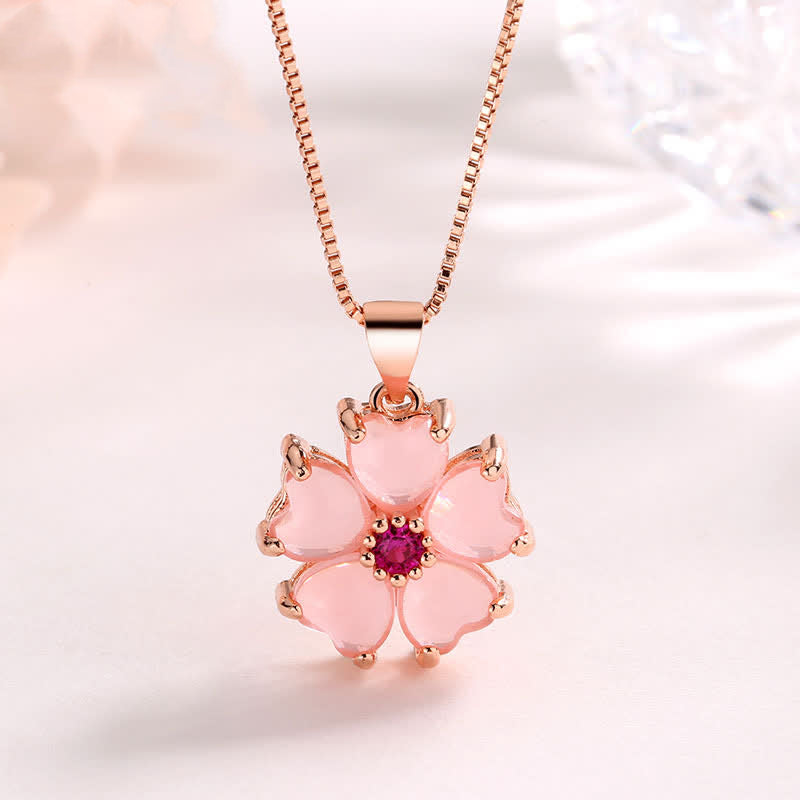 Pink Crystal Love Heart Flower Soothing Necklace Pendant