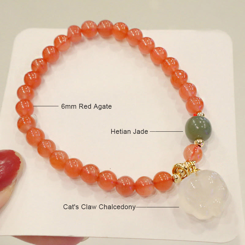 Carved Hetian Jade Cat Paw Red Agate & Chalcedony Gemstone Bracelet