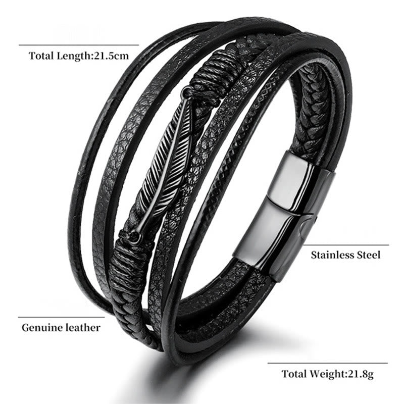 Feather Pattern Multilayer Leather Titanium Steel Calm Braided Magnetic Buckle Bracelet