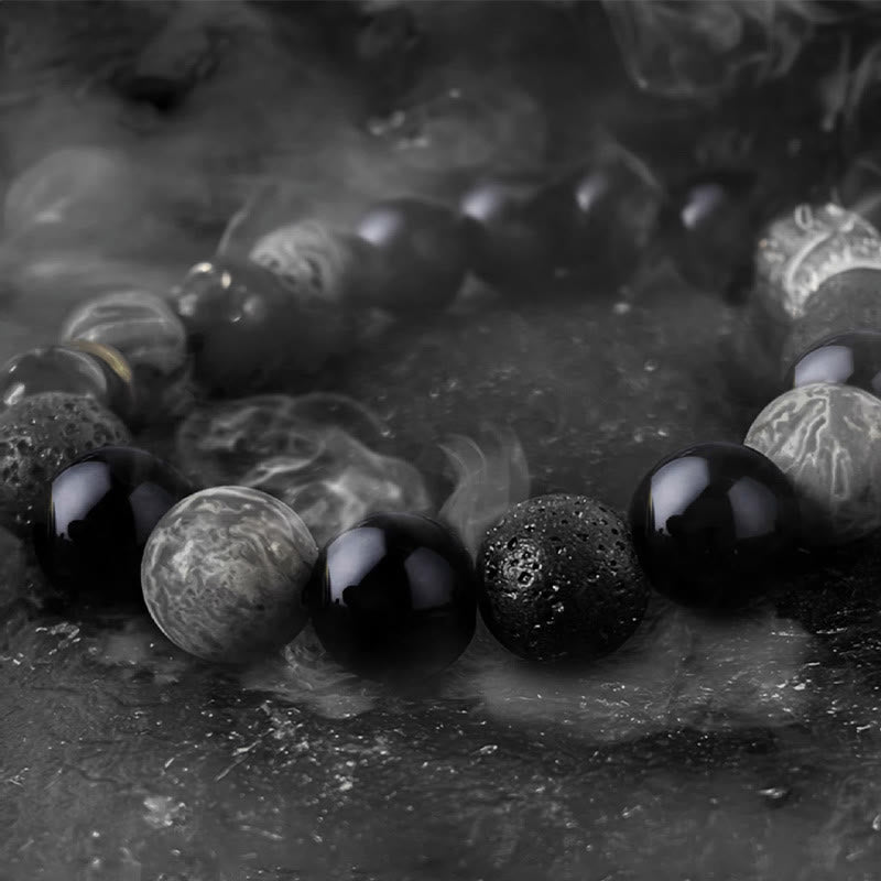 Yin Yang Balance Beaded Bracelet with Black Obsidian and Lava Stone