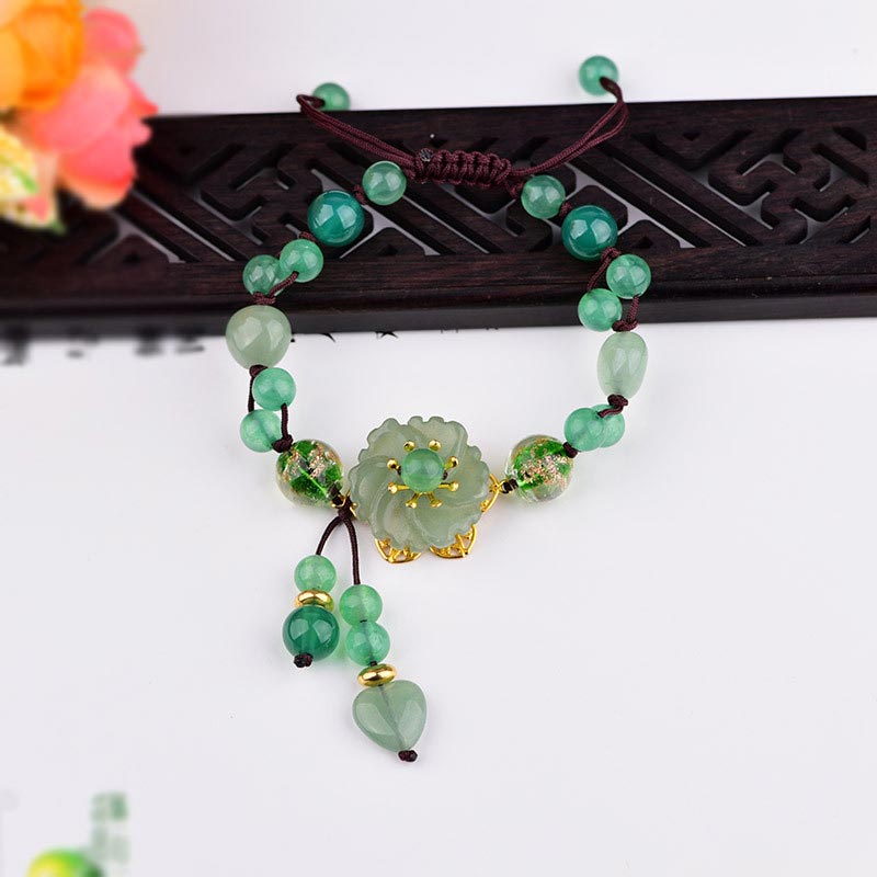 Natural Cyan Jade, Green Aventurine & Agate Dangling Flower Beaded Bracelet