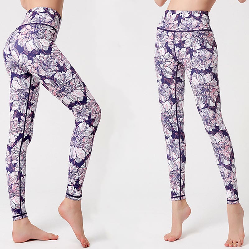 Colorful Flower Petal Leaves Print Sports Exercise Fitness High Waist Leggings Women's Yoga Pants