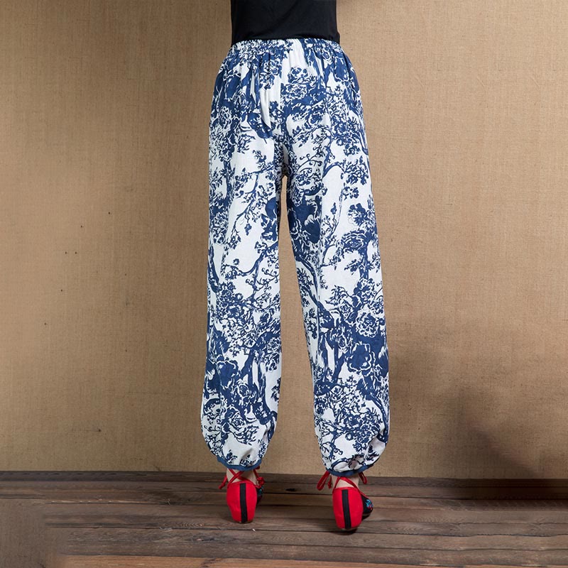 Blue Tree Flowers Print Harem Pants With Pockets