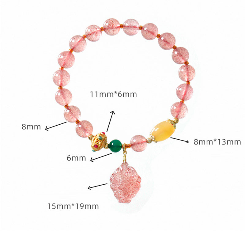 Natural Strawberry Quartz, Green Agate & Golden Silk Jade Nine-Tailed Fox Beaded Bracelet