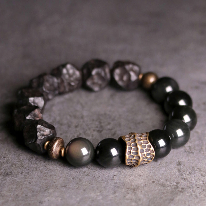 Handcrafted Black Obsidian Ebony Wood & Copper Strength Couple Bracelet