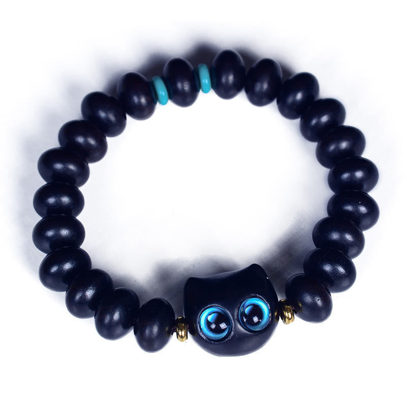 Natural Ebony Wood and Liuli Glass Lucky Cat Beaded Bracelet for Cat Lovers
