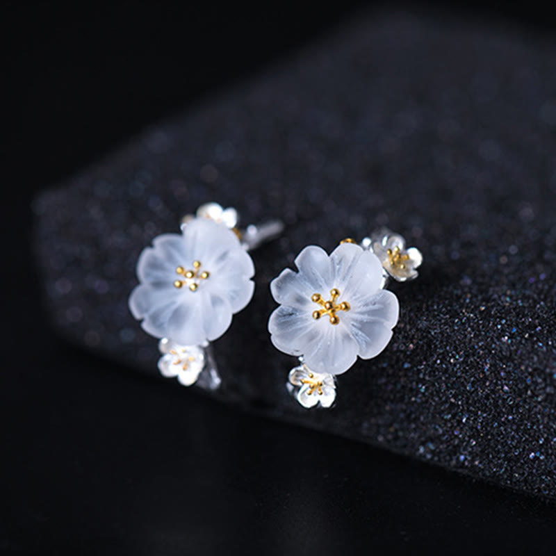 925 Sterling Silver Plum Blossom Floral Clear Quartz Earrings