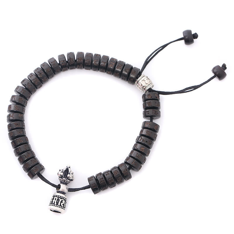 Carved Coconut Shell & Copper Om Mani Padme Hum Ritual Bell Vajra String Bracelet