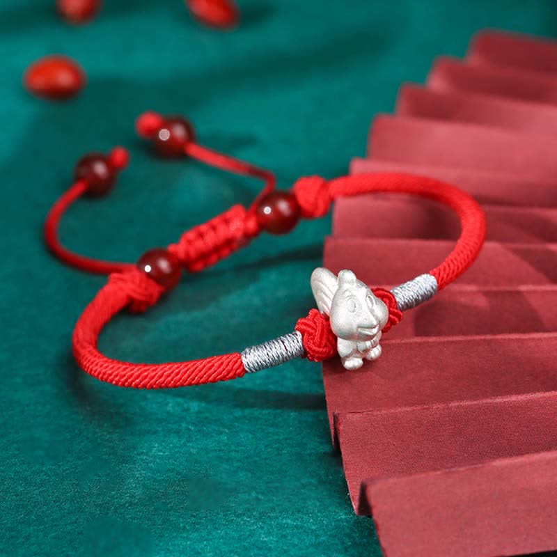 Handcrafted 999 Fine Silver Chinese Zodiac Red String Adjustable Bracelet