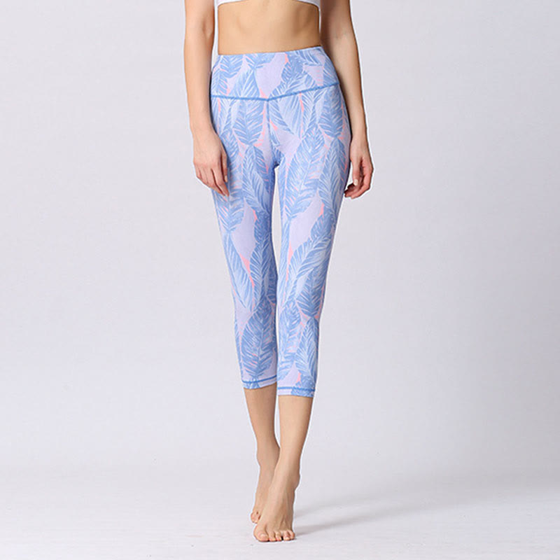 Leaves Butterfly Print Sports Yoga Cropped Leggings Women's Yoga Capri Pants