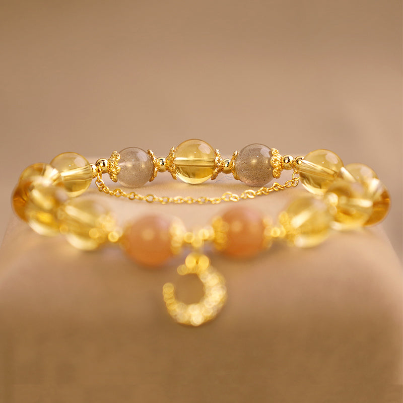 Citrine Moonstone Sunstone Celestial Moon Charm Gemstone Bracelet