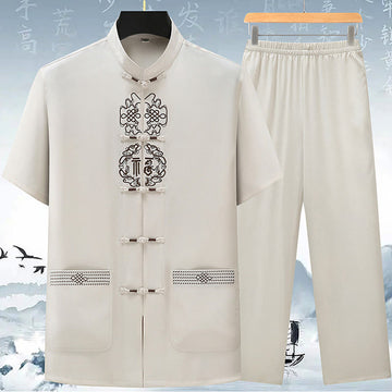 Fu Character Chinese Knotting Embroidery Tang Suit Traditional Short Sleeve Top Pants Clothing Men's Set