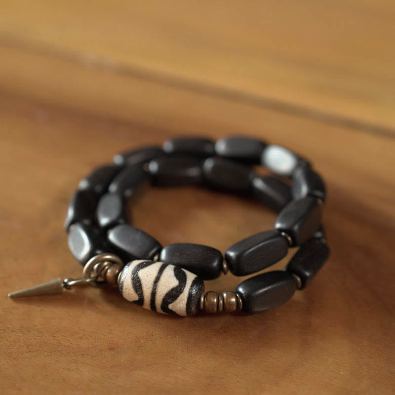 Tibet Ebony Wood Dzi Bead Copper Balance Double Wrap Bracelet