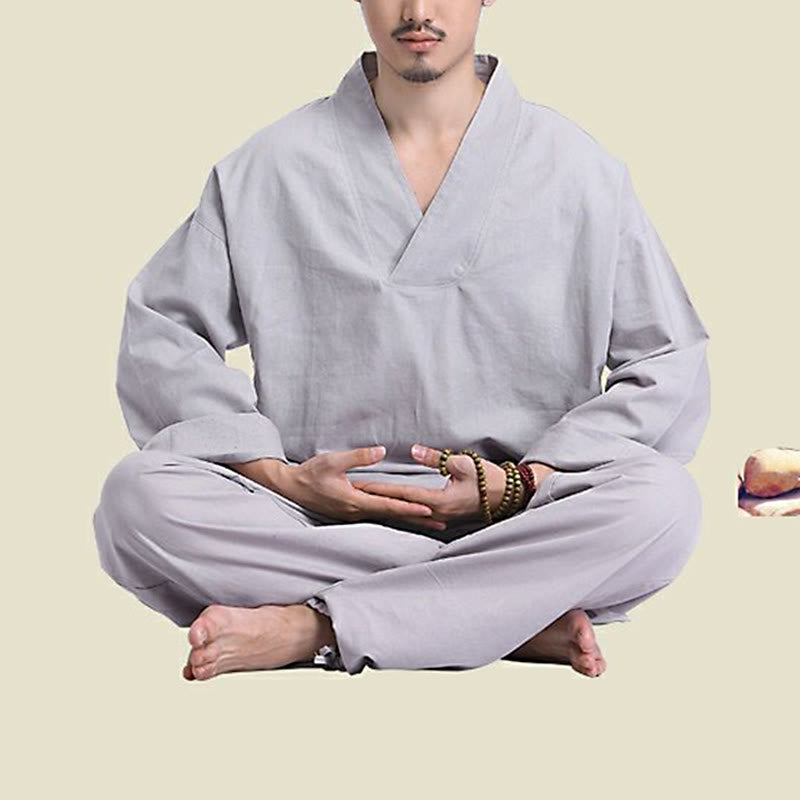 Meditation Prayer V-neck Design Cotton Linen Spiritual Zen Practice Yoga Clothing Men's Set