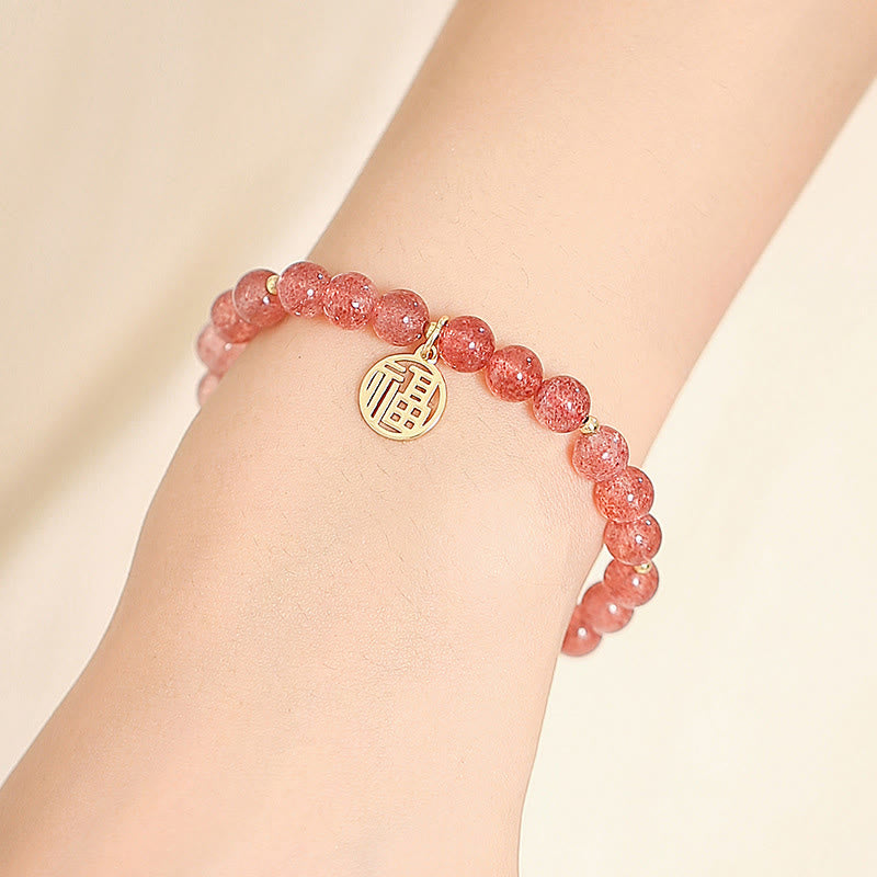 14K Gold Plated Strawberry Quartz Fu Character Healing Charm Bracelet
