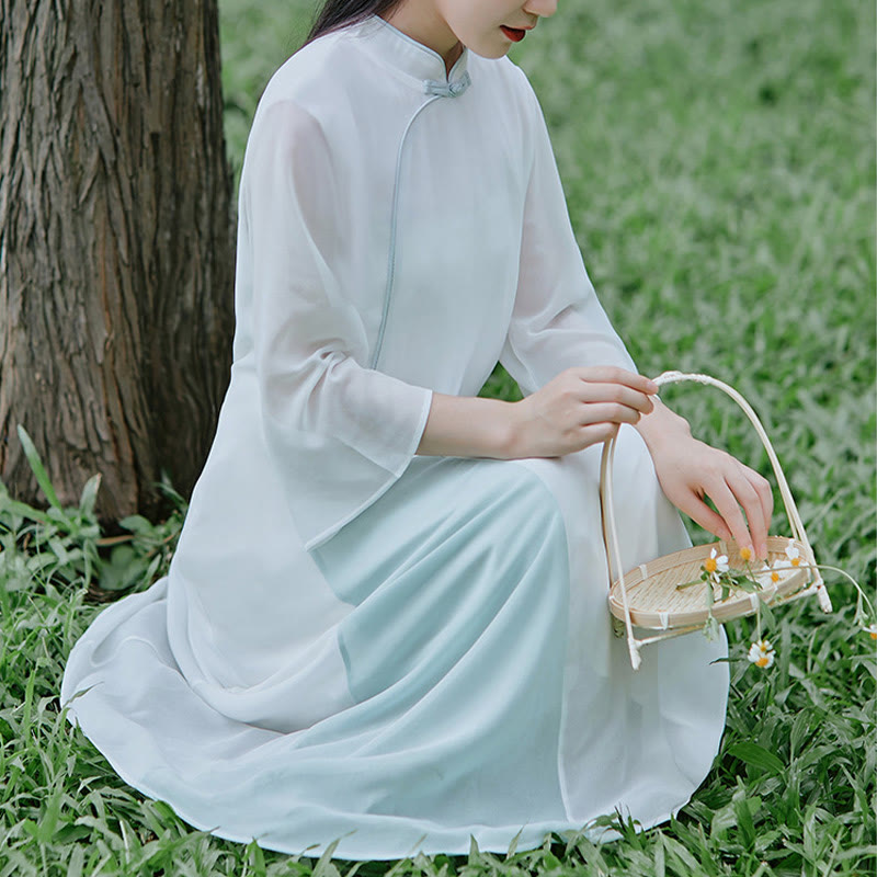 Three Quarter Sleeve Chiffon Cheongsam Midi Dress Wide Leg Pants Meditation Zen Practice Clothing