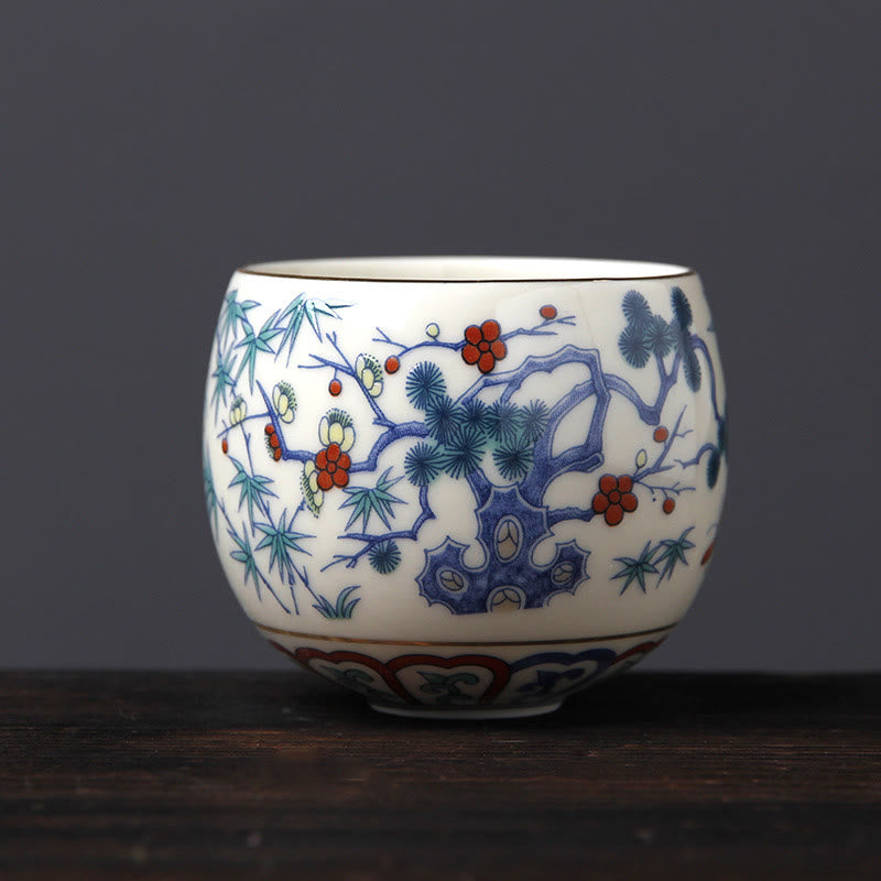 Vintage Plum Blossom Pine Bamboo Phoenix Kirin Lion Dancing Ceramic Teacup Tea Cups