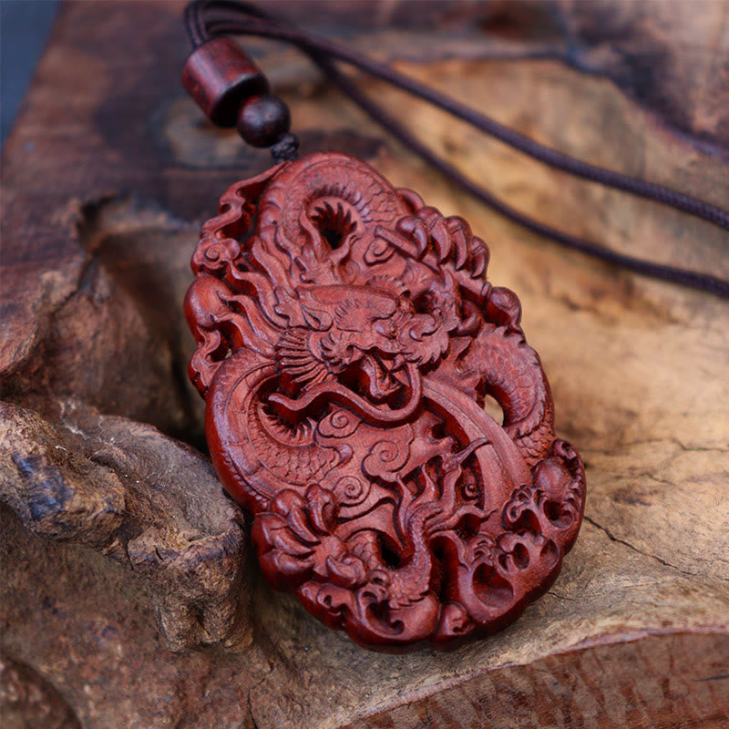 Lightning Struck Jujube Wood Double Dragon Relief Ward Off Evil Spirits Necklace Pendant